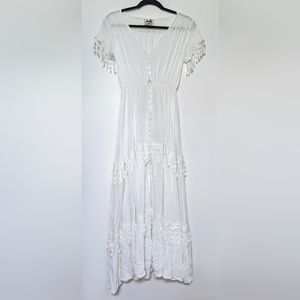Jaase White Embroidered Boho Hippie Maxi Cover Up Dress sz XS